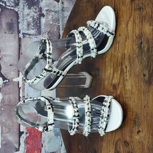Karl Lagerfeld White and Black Beaded Clear-Strap High Heel Sandals